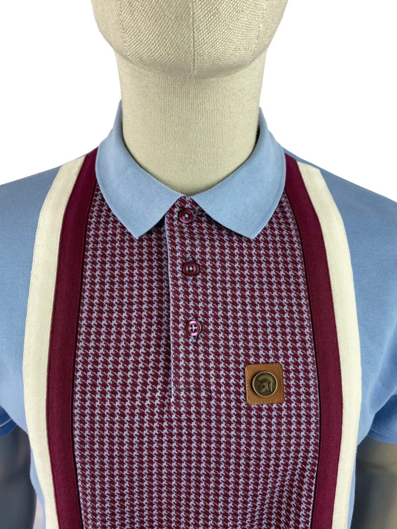 Trojan Houndstooth Panel Polo T-shirt Sky SMALL ONLY LAST ONE-2