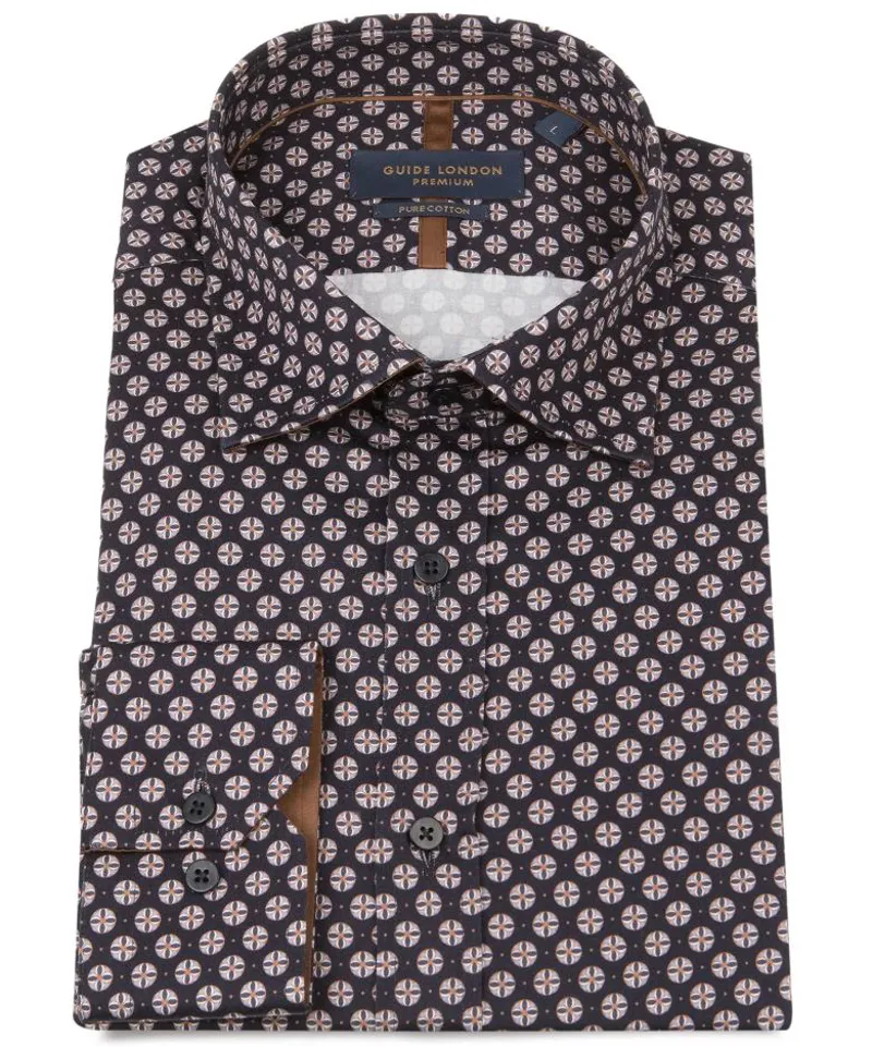 Guide London Mens LS76422 Emblem Print Shirt Navy/Tan