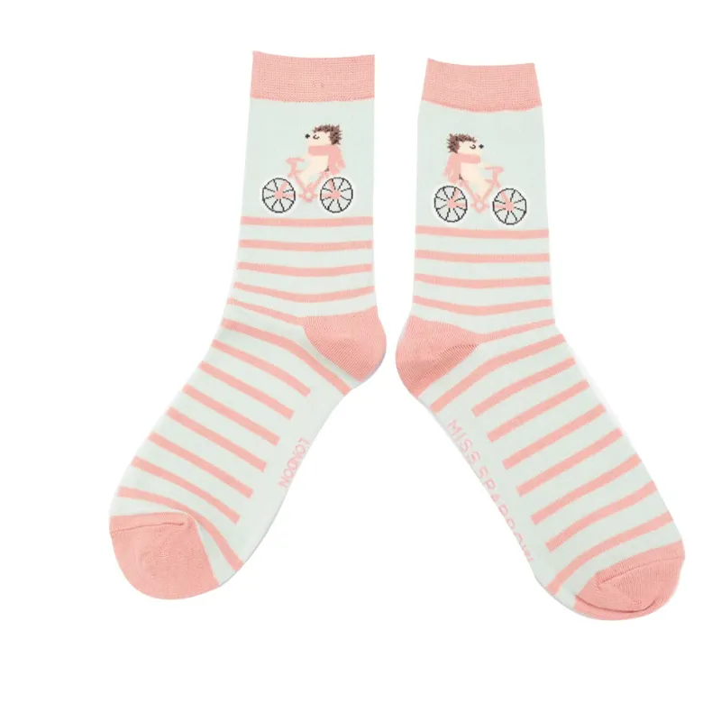Miss Sparrow Hedgehog on bike Socks Duck Egg