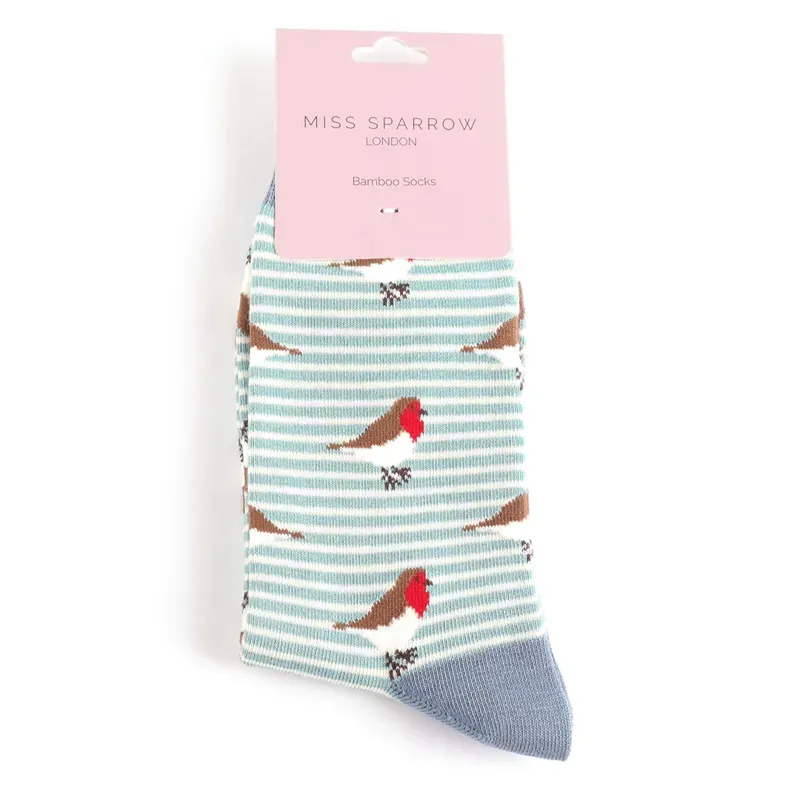 Miss Sparrow robins on stripes ankle socks Duck Egg