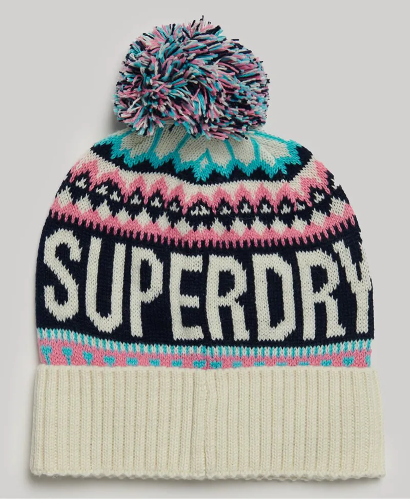 Superdry fairisle beanie bobble hat Ecru