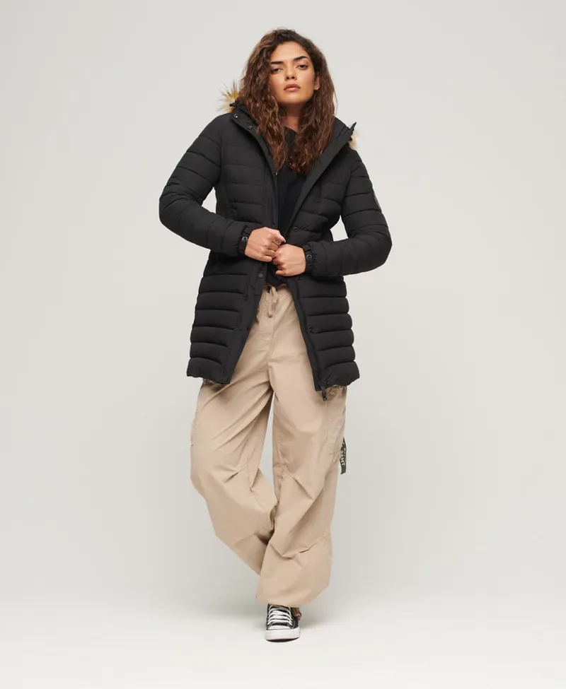Superdry fuji mid length puffer coat Black-4