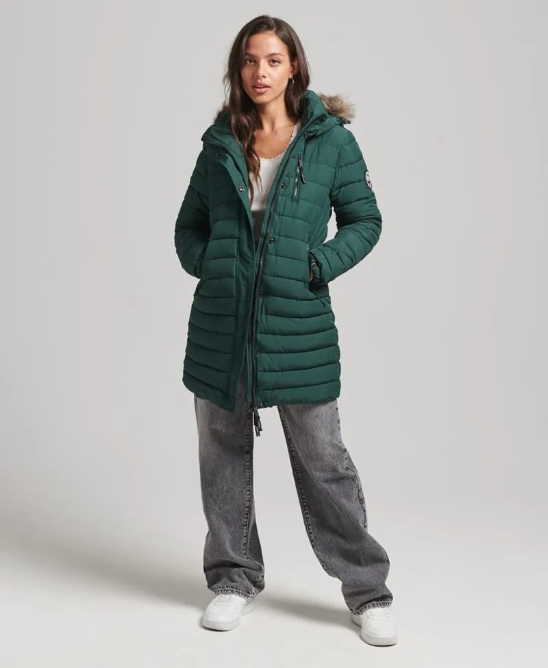 Superdry faux fur mid length puffer jacket Green-4