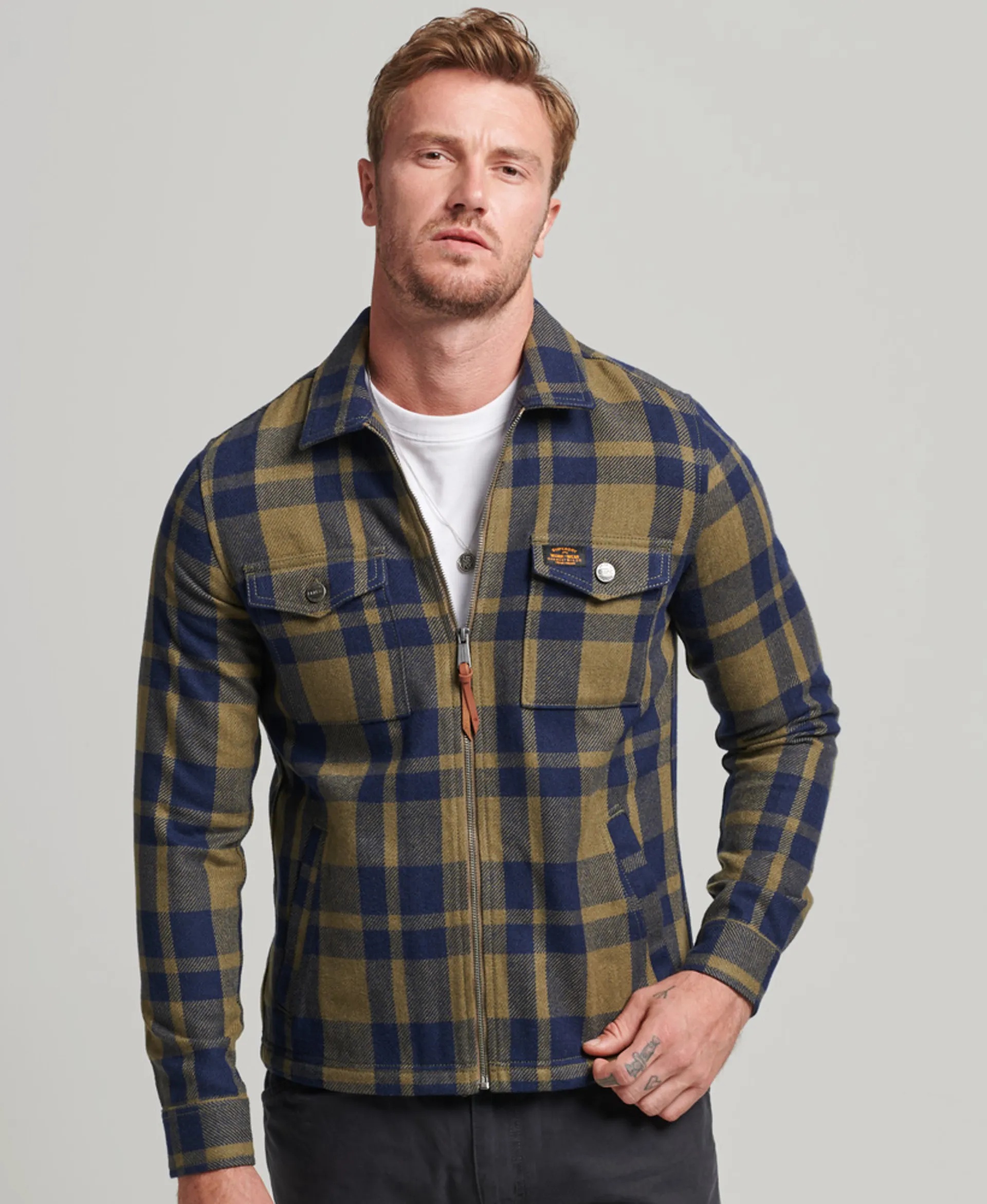 Superdry Wool Zip Checked Overshirt Shacket Olive