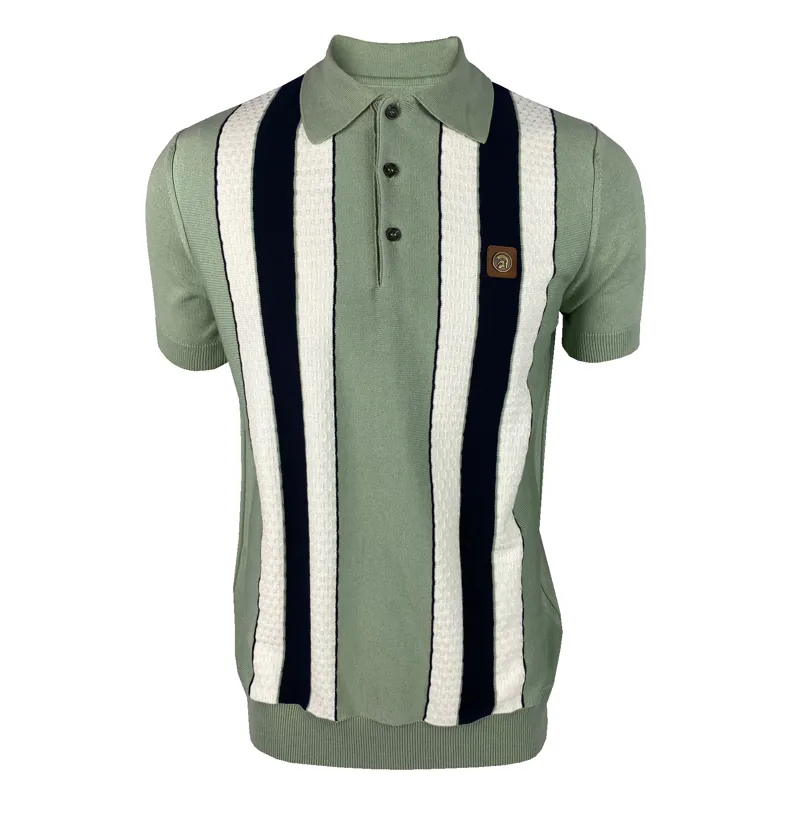 Trojan Textured Stripe Knit Polo T-shirt Sage