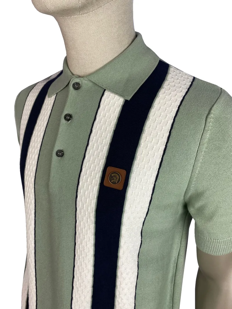 Trojan Textured Stripe Knit Polo T-shirt Sage-1