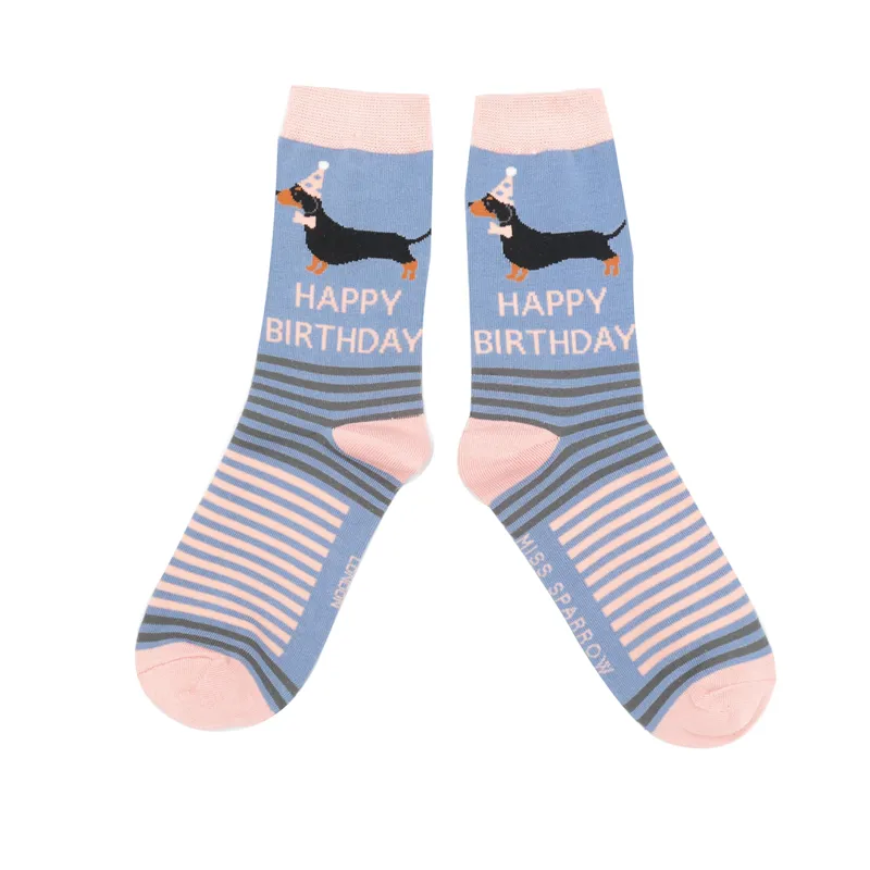 Miss Sparrow happy birthday sausage dog socks Denim