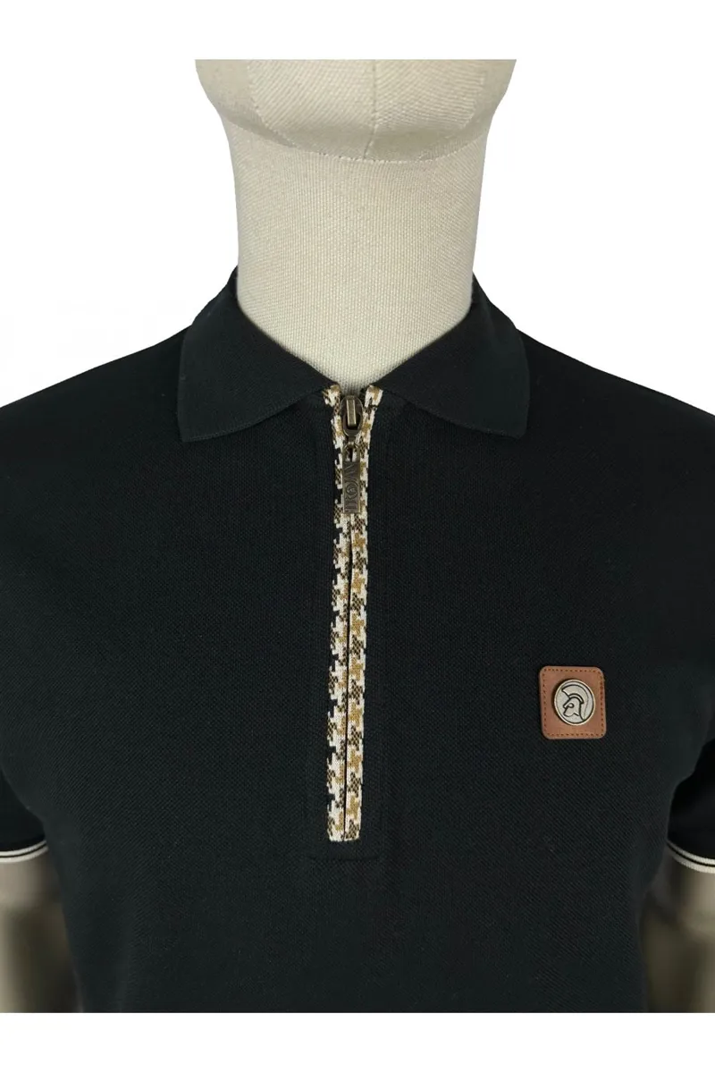 Trojan Houndstooth Trim Zip Pique Polo Black XXXL ONLY LAST ONE-1