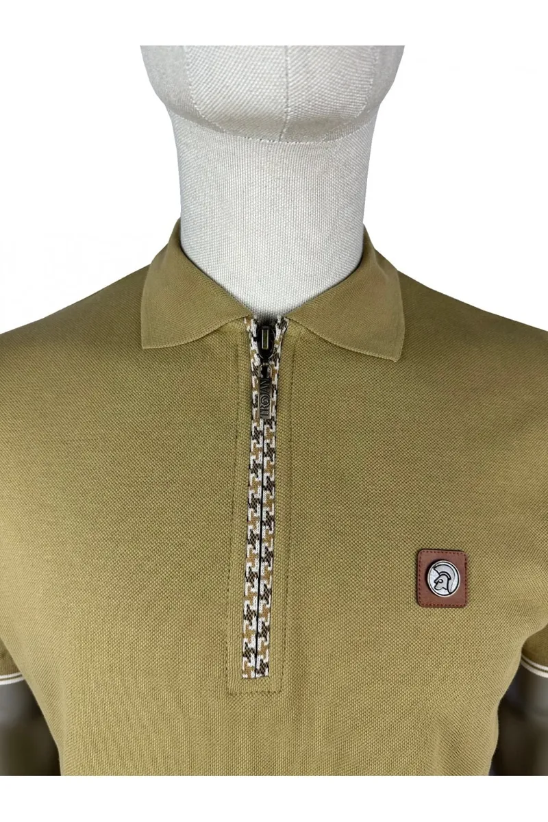 Trojan Houndstooth Trim Zip Pique Polo Camel-1