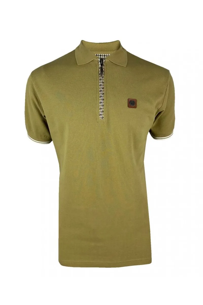 Trojan Houndstooth Trim Zip Pique Polo Camel-2